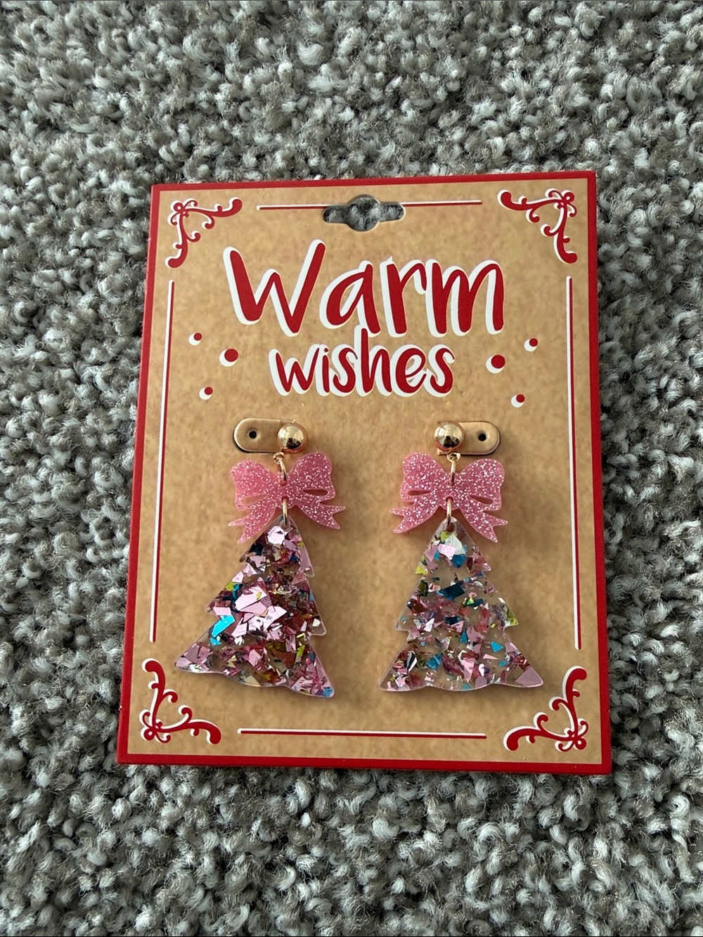 NWT Pink Glitter Bow Holiday Tree Drop Earrings